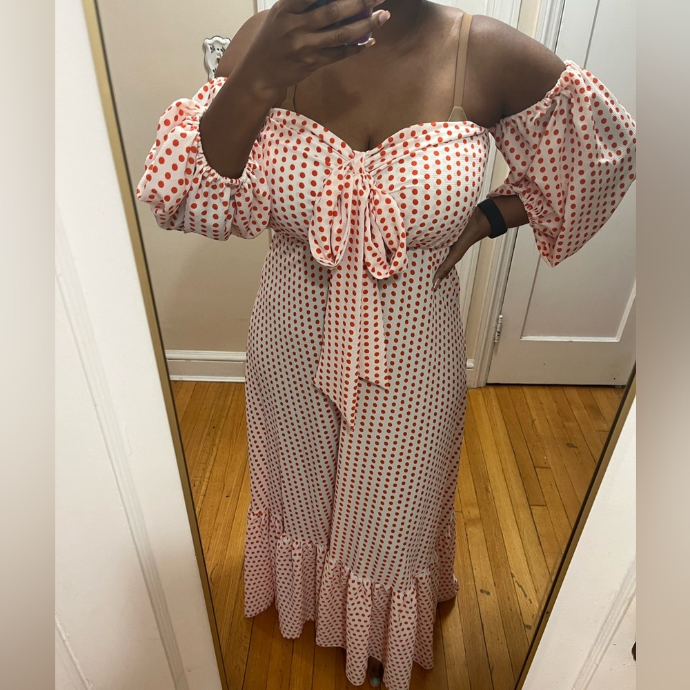 Cream and Orange Strapless Ruffled Sundress